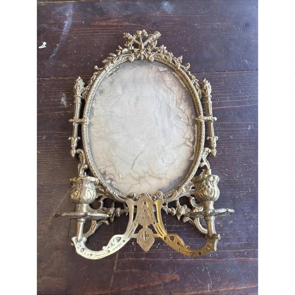 Antique Solid Brass Frame  Wall Sconce Unusual Bacchus Peacock Heavy Candle